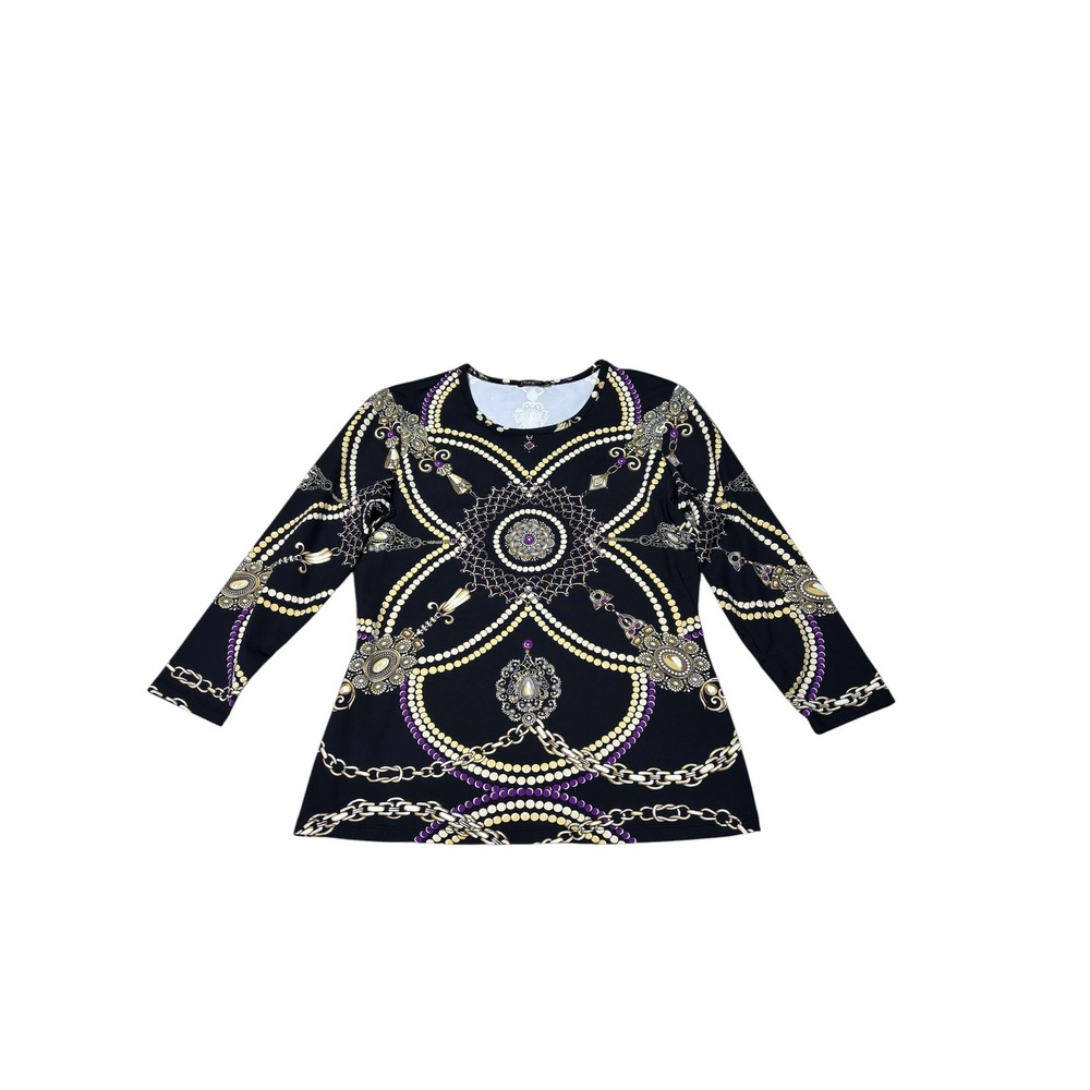 J.McLaughlin‎ Womens Black Ornate Gold Chain Jewel Print 3/4 Sleeve Top Small